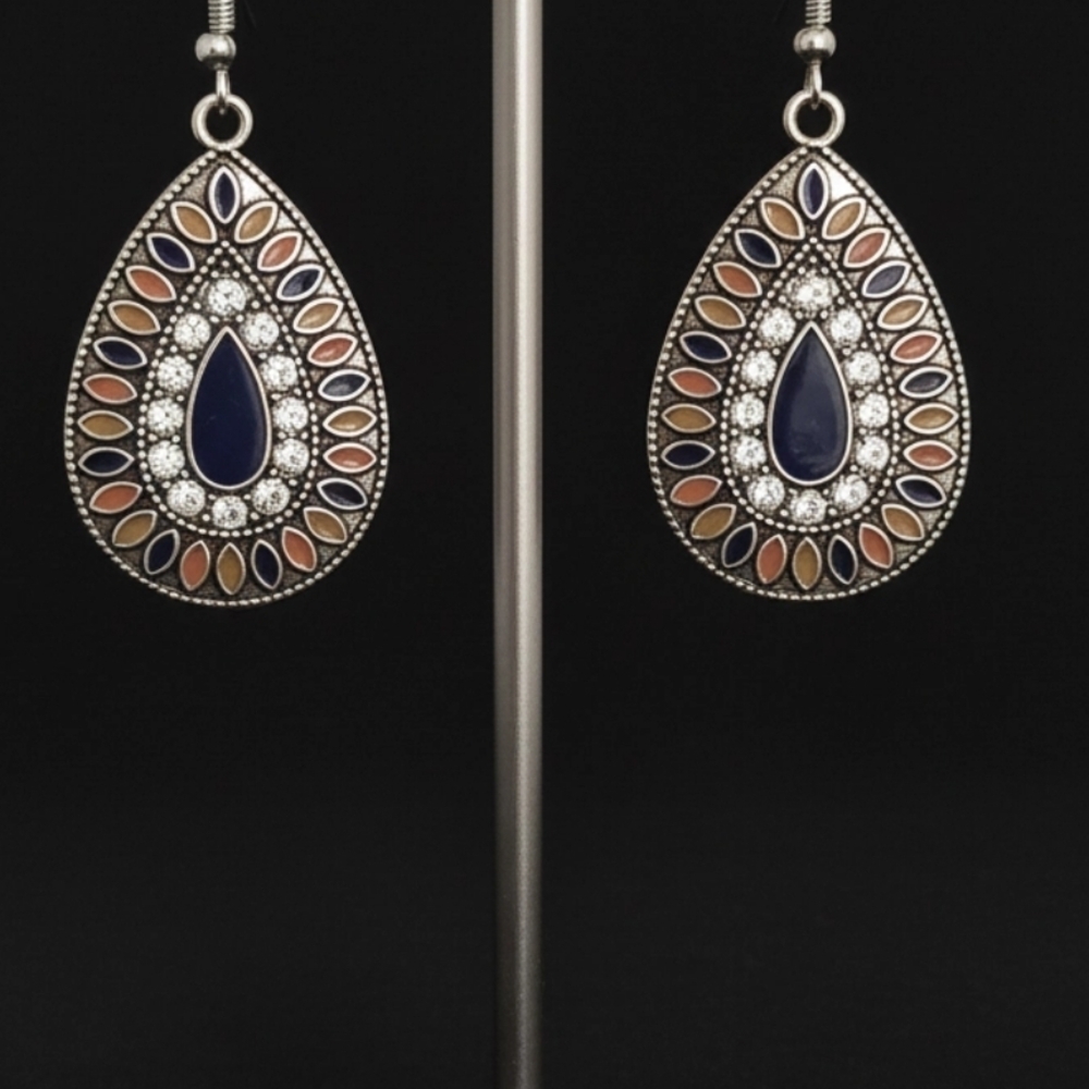 Teardrop Earrings with Navy Center and Warm Multicolor Accents